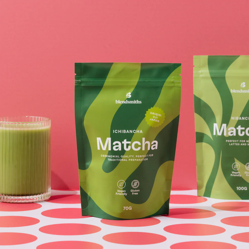 Premium matcha powder packaging with 100% pure Japanese green tea label